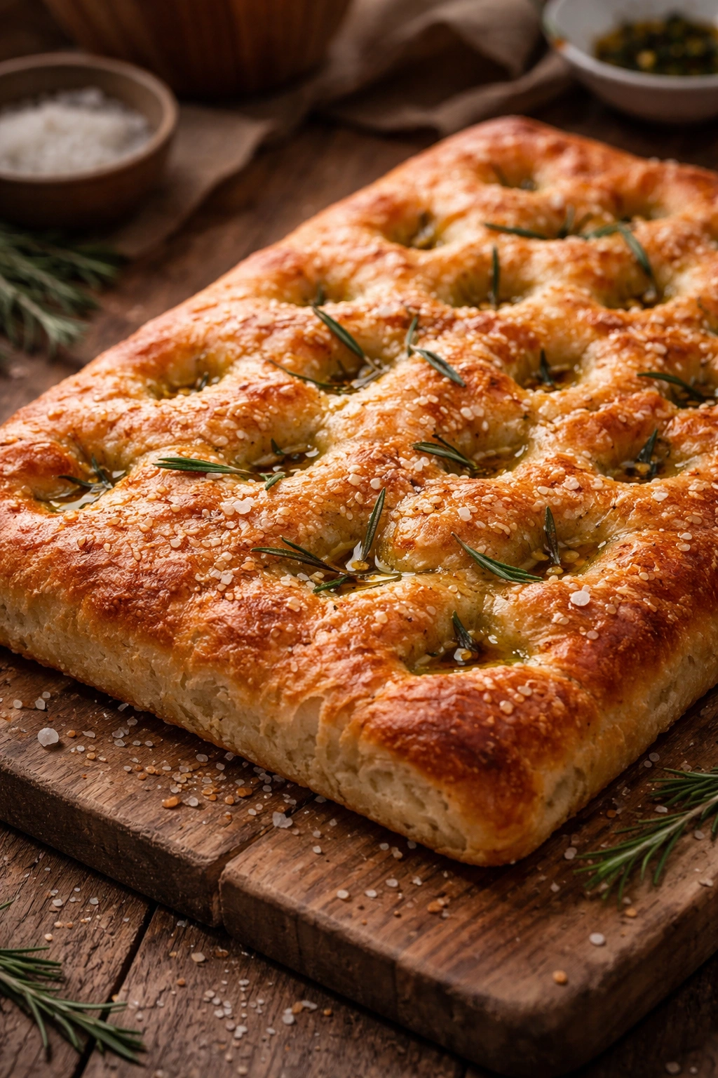 Close-up of focaccia with olive oil pockets and rosemary on a rustic board