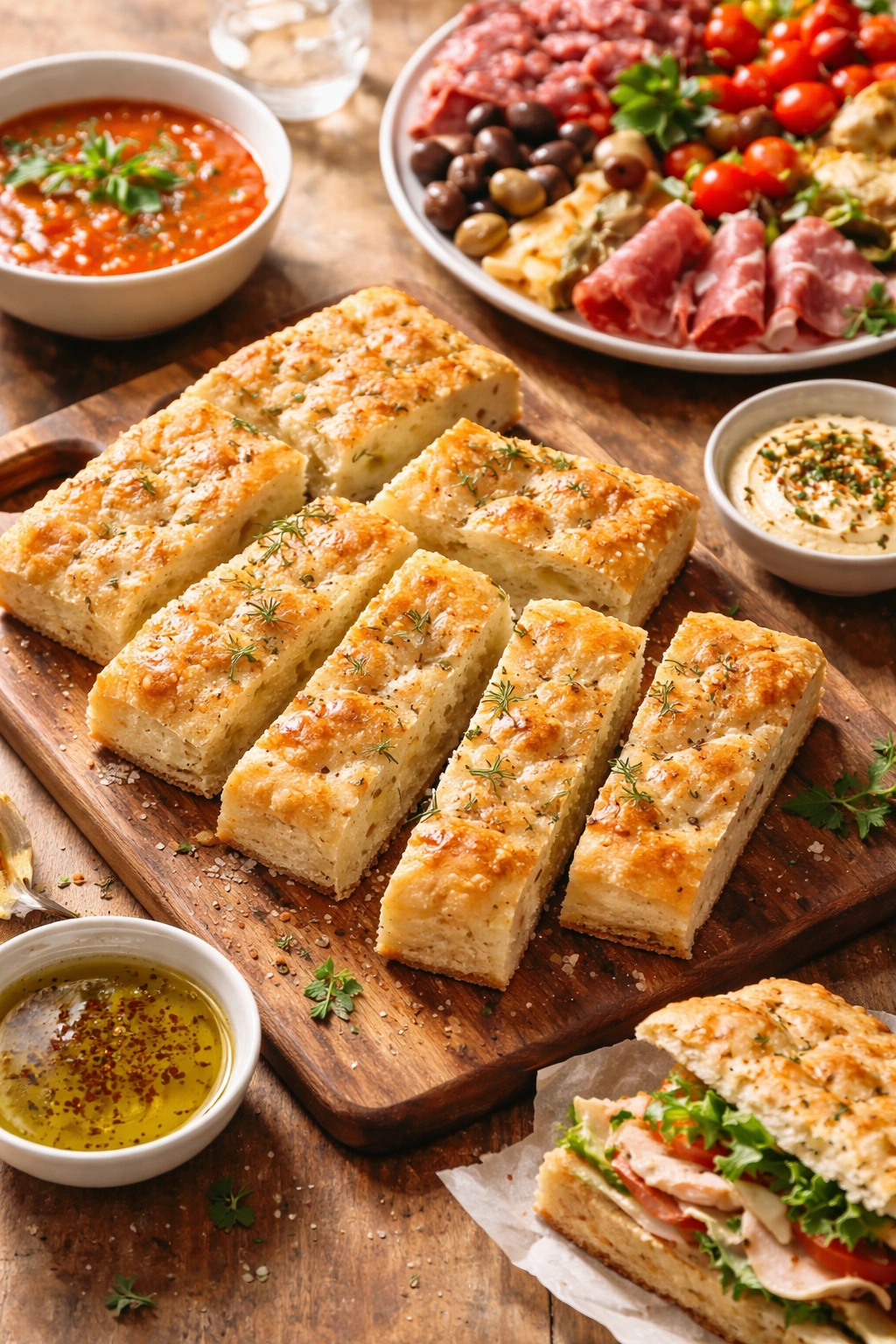 Focaccia slices on a serving board with olive oil dip