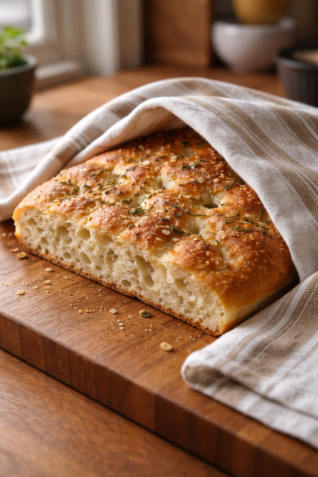 Focaccia loaf wrapped in towel on counter for storage