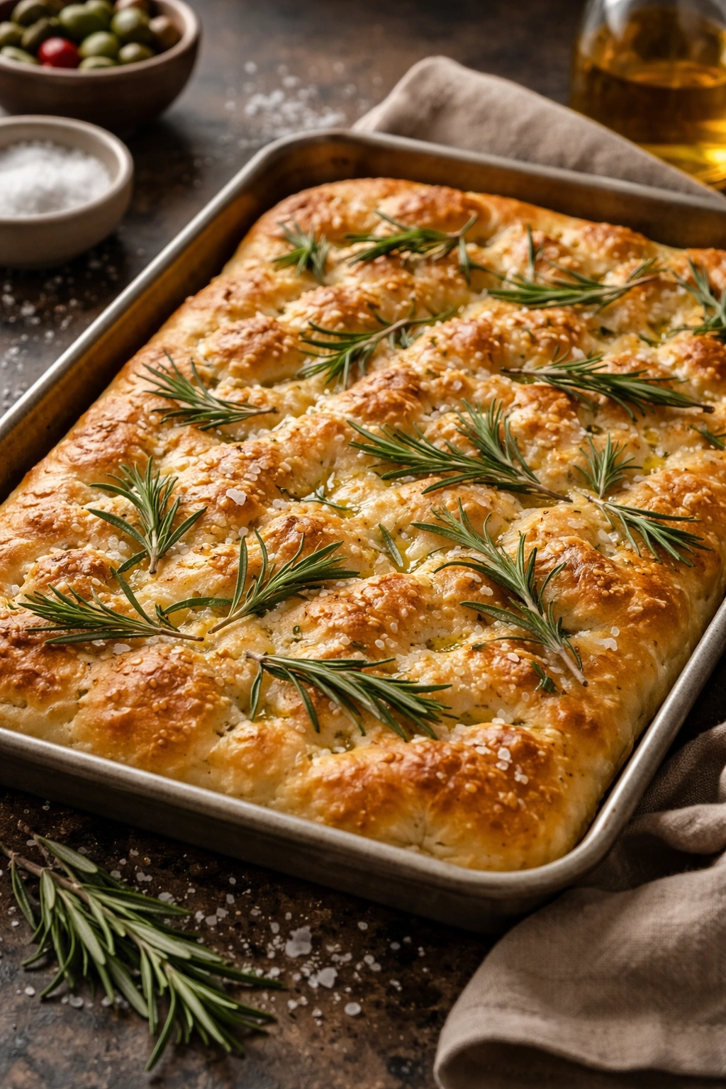 Focaccia with rosemary and sea salt on olive oil sheen