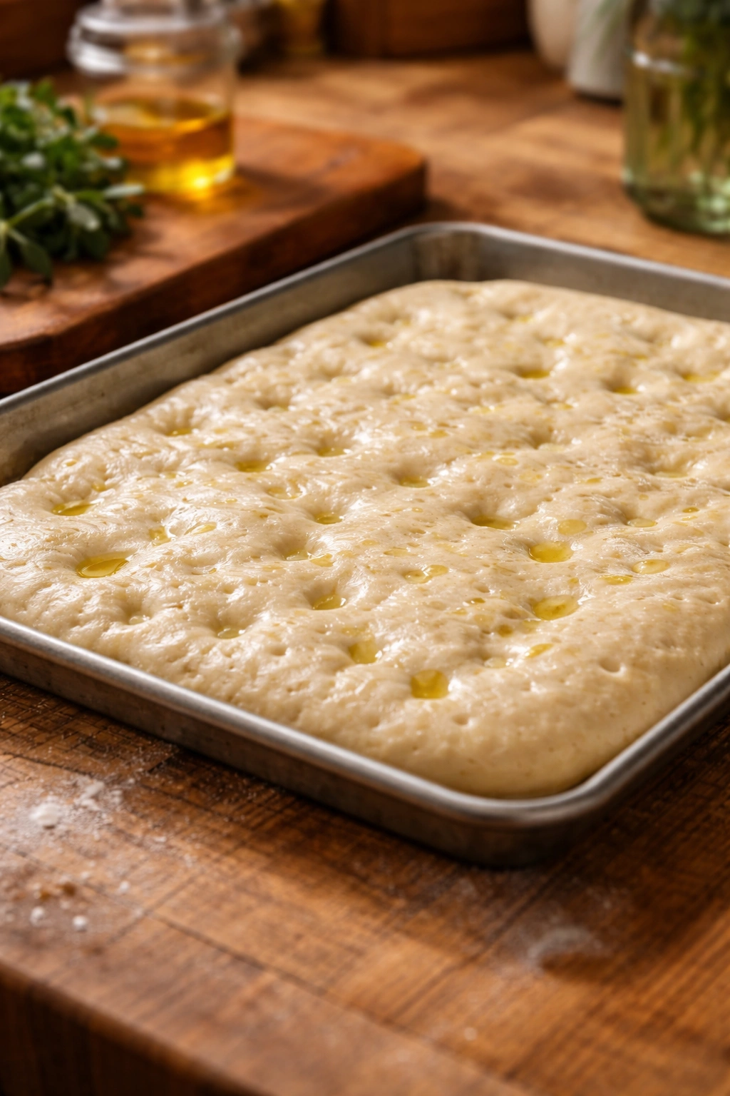 Close-up of underproofed focaccia dough on a baking sheet showing dense texture
