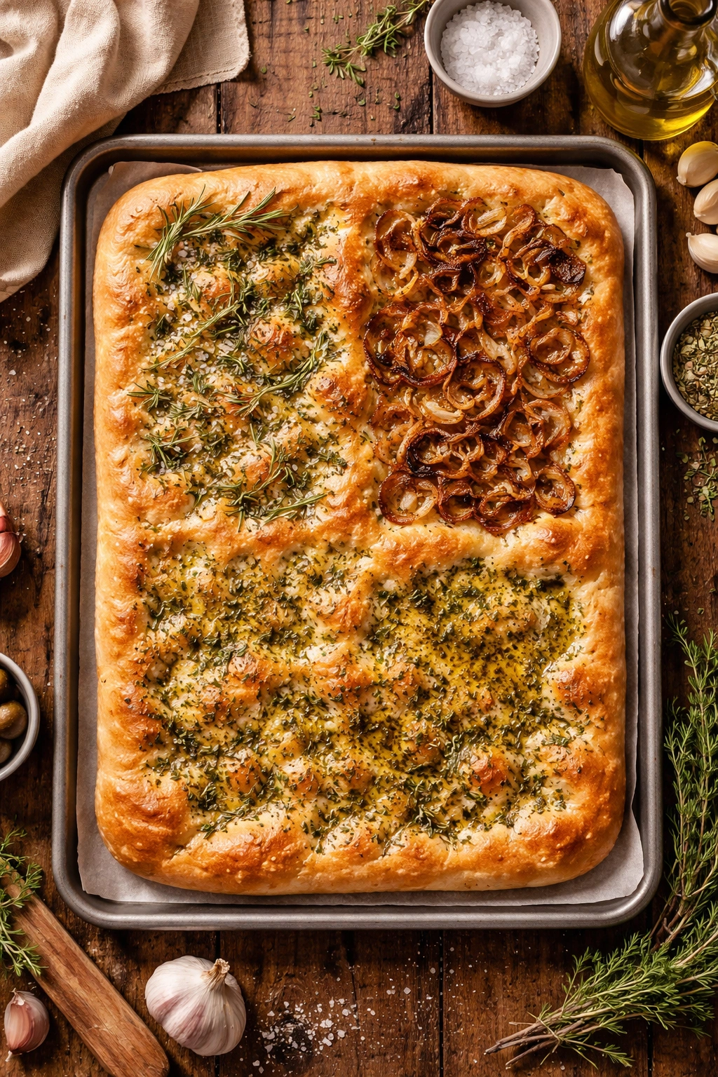 Focaccia variations with rosemary, onions, and oil on a baking sheet