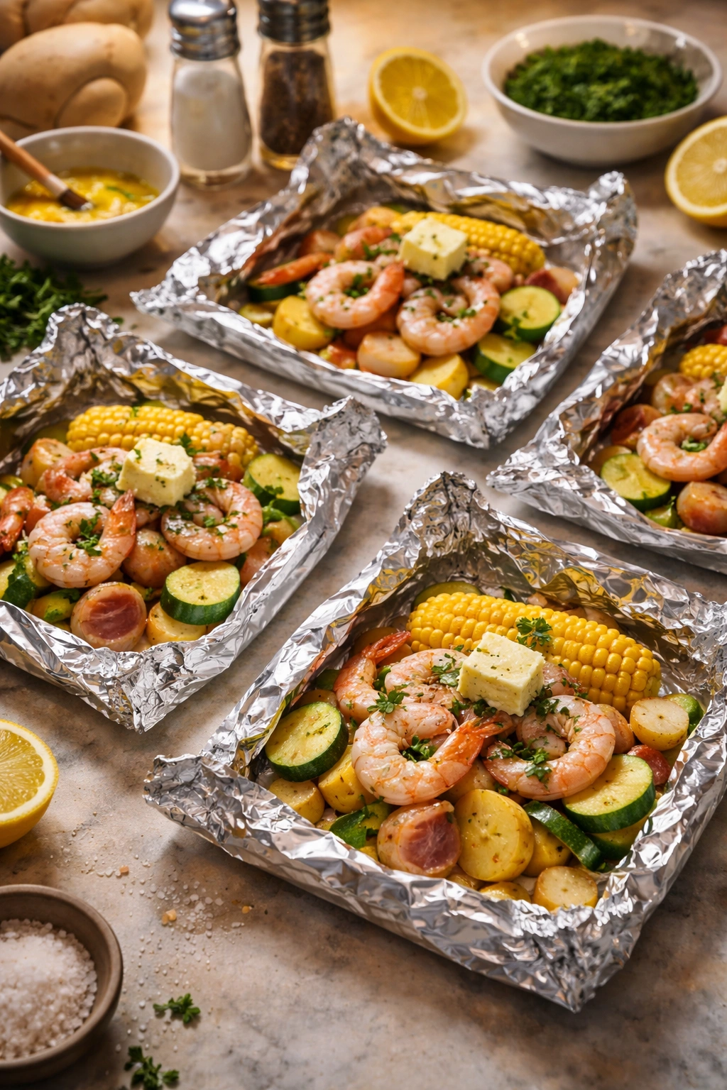 Open foil sheets with shrimp and vegetables ready to be folded