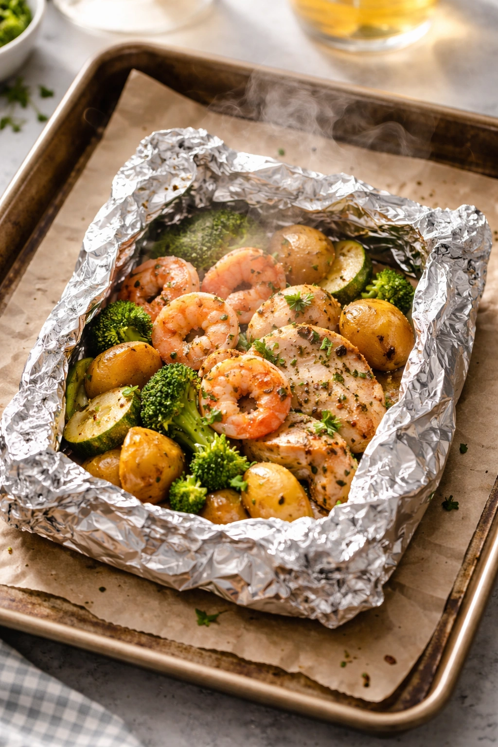 Foil packet dinner on baking sheet ready to cook