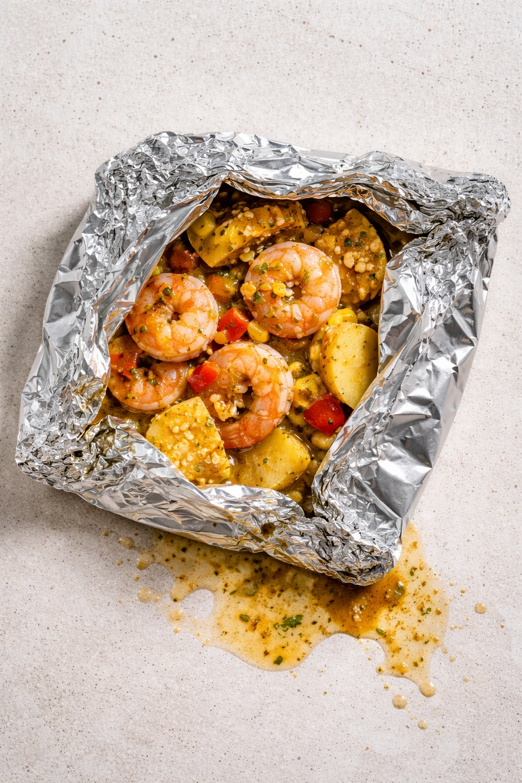 Foil packet showing uneven seal and leakage as a cooking mistake