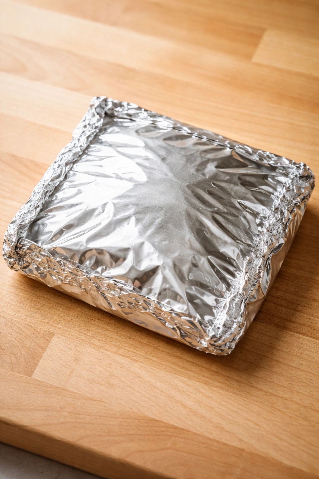 Close-up of a sealed foil packet with a crimped edge on a clean kitchen counter; no text visible