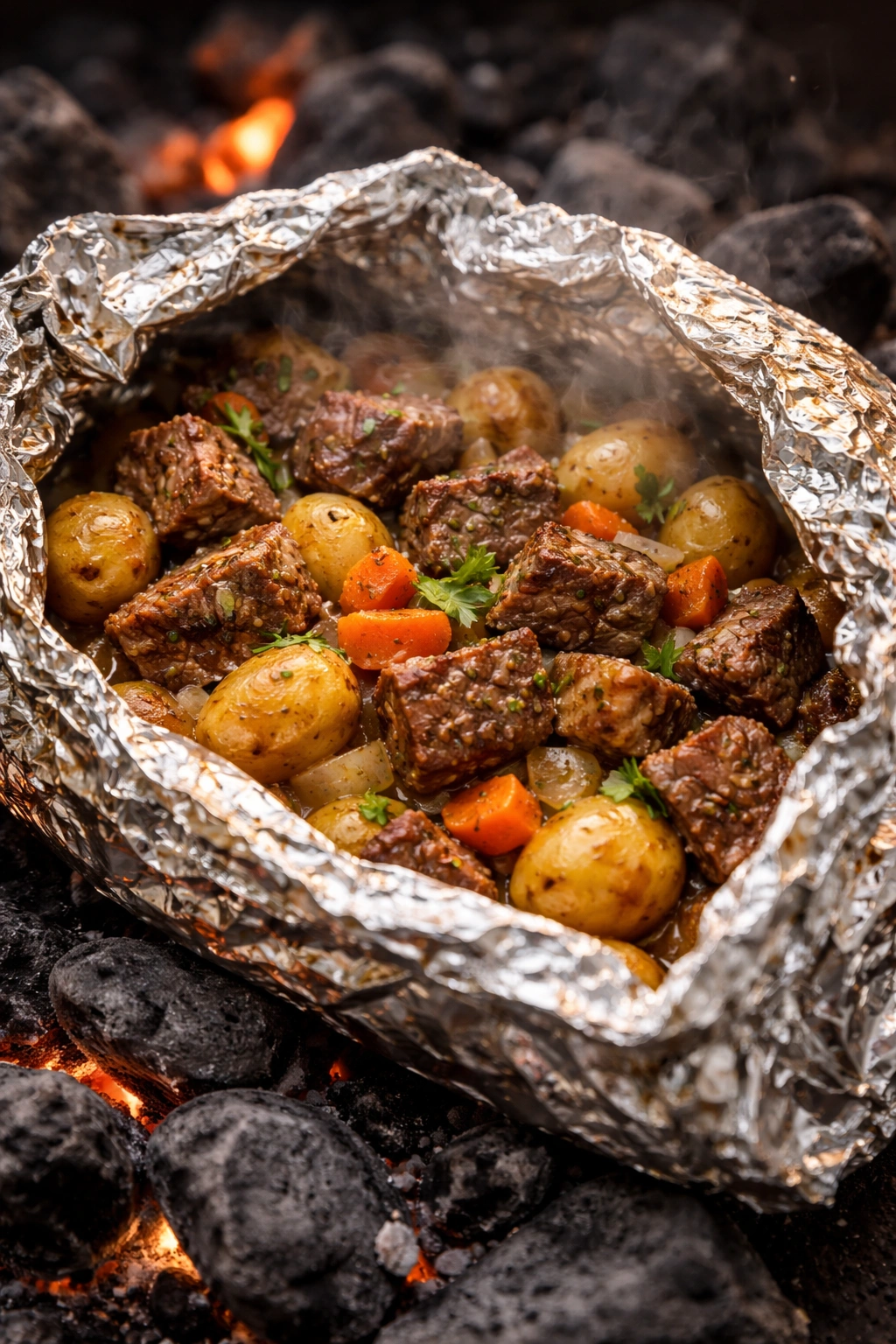 Foil packet with steak and potatoes steaming over coals