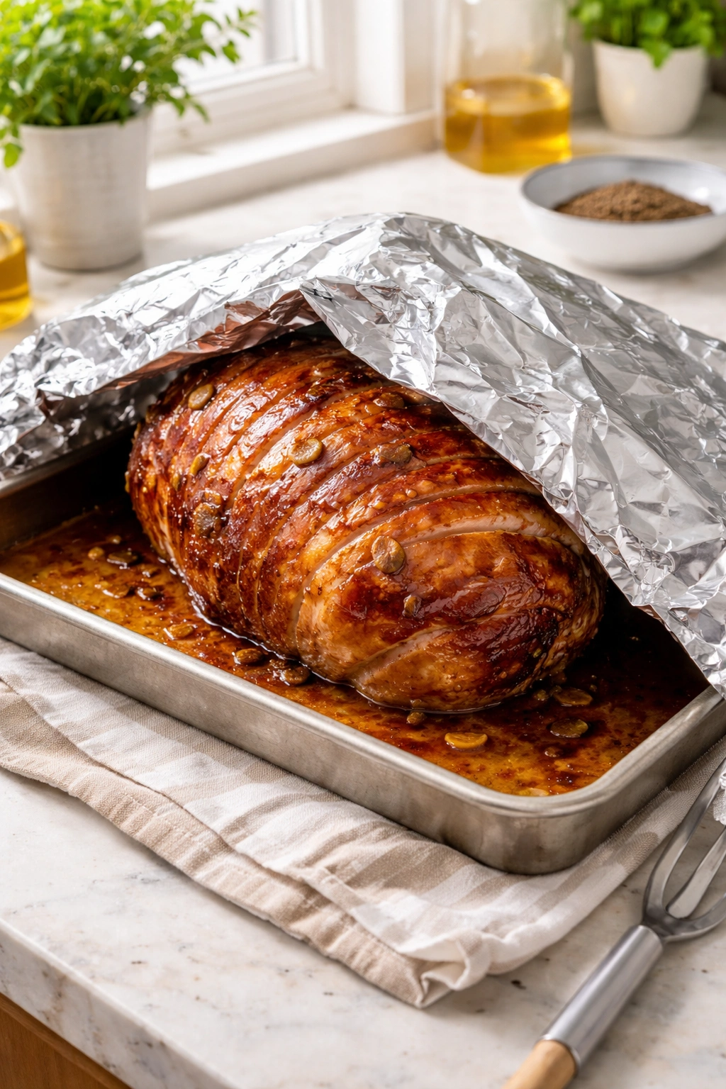 Ham resting under a loose foil tent on a pan in a bright kitchen