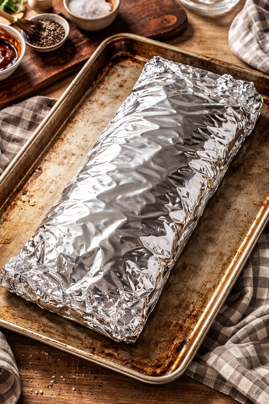 Foil-wrapped ribs on baking sheet
