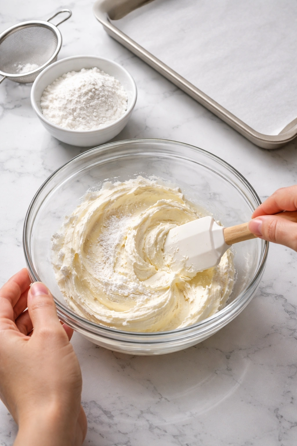 Hand folding cream cheese in a bowl with powdered sugar nearby