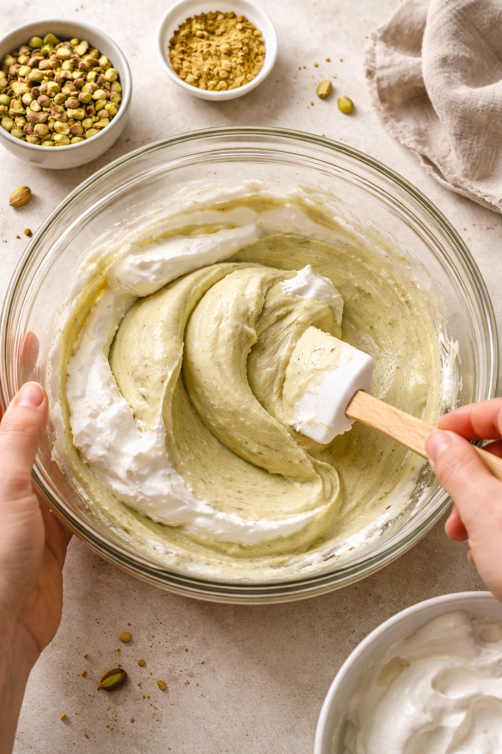 Gently folded batter with white foam streaks in mixing bowl