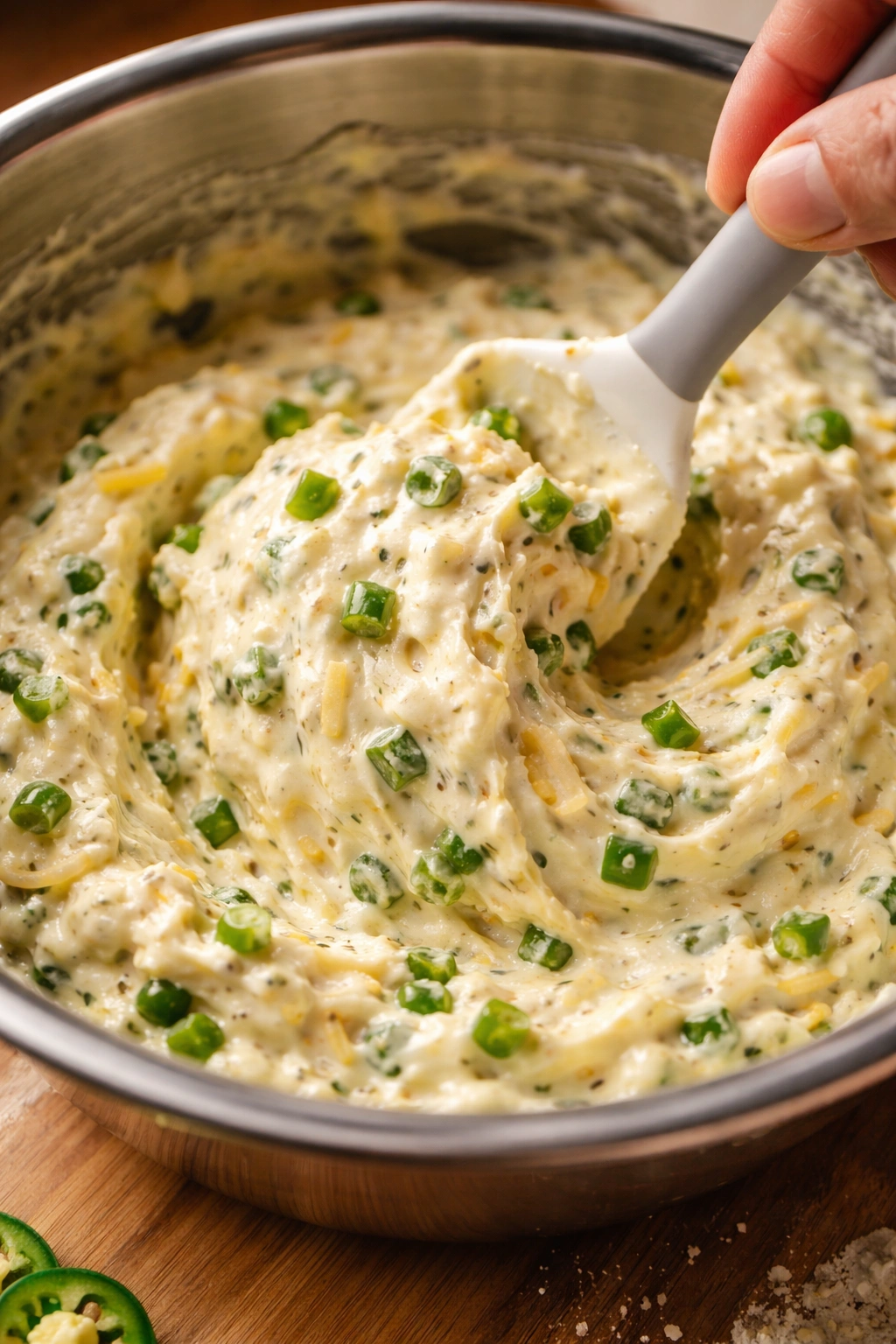 Hand folding jalapeño cheese dip with spatula showing folding technique