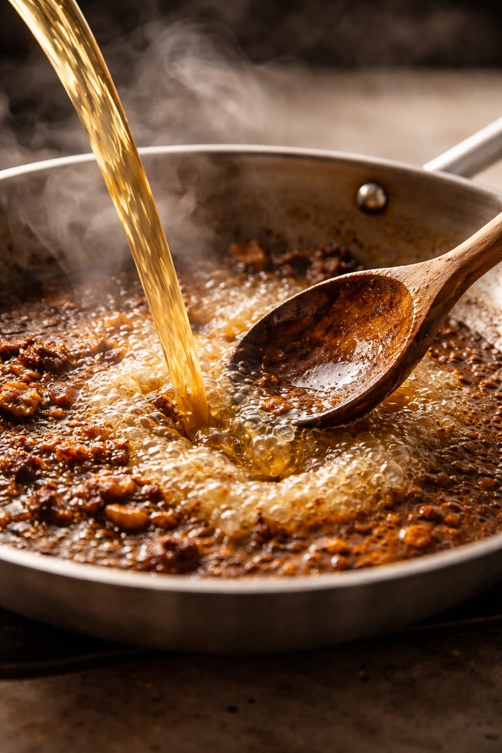 Pan with fond and liquid being deglazed to dissolve browned bits