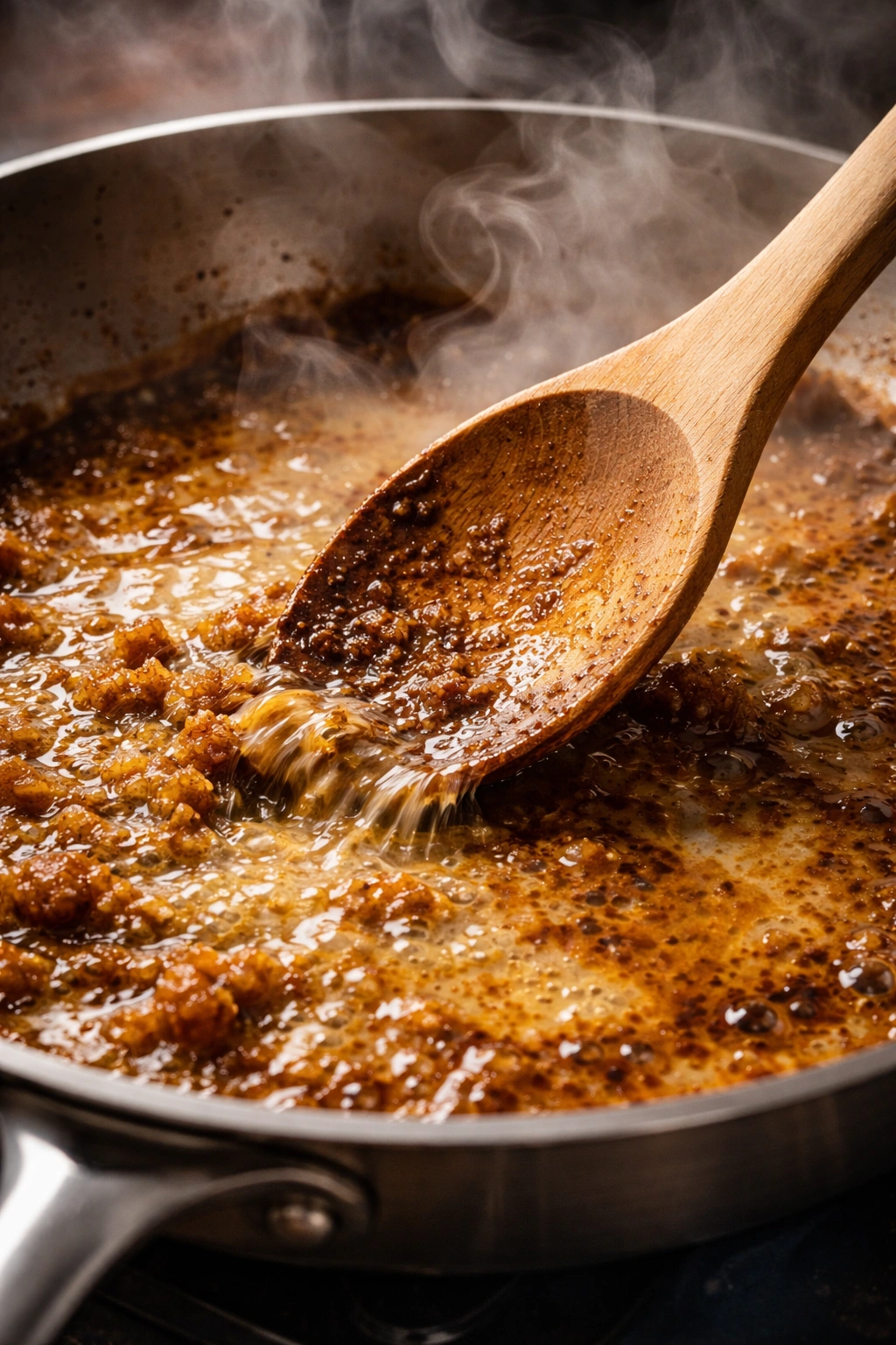 Close-up of wooden spoon scraping fond from skillet