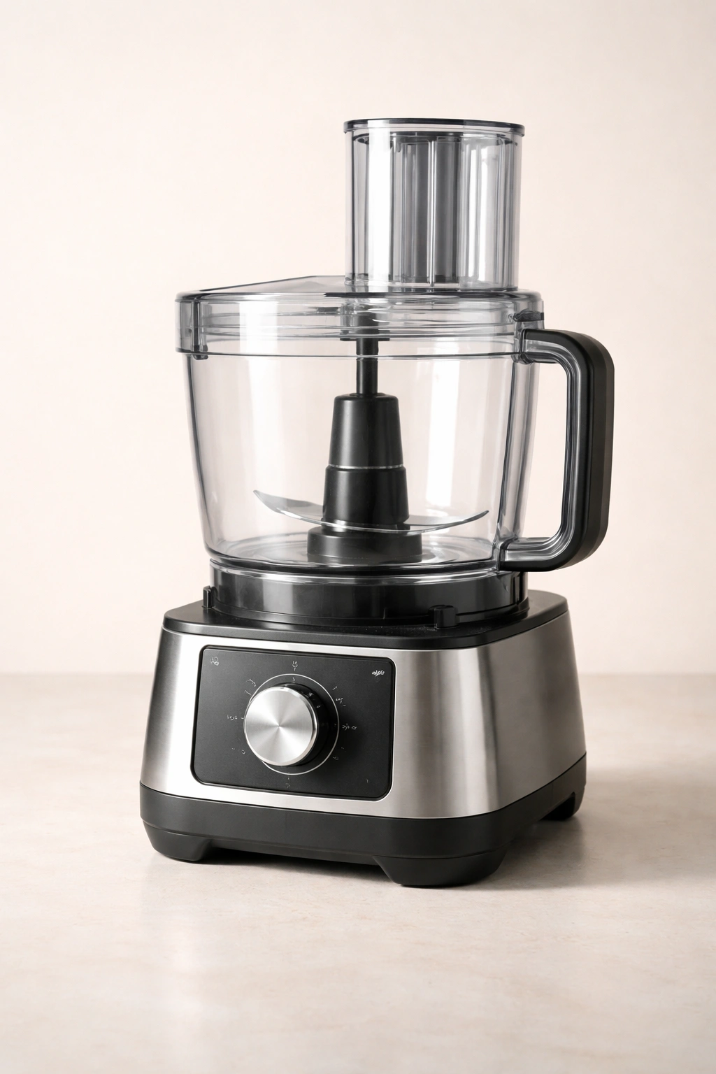Close-up of a food processor on a plain background