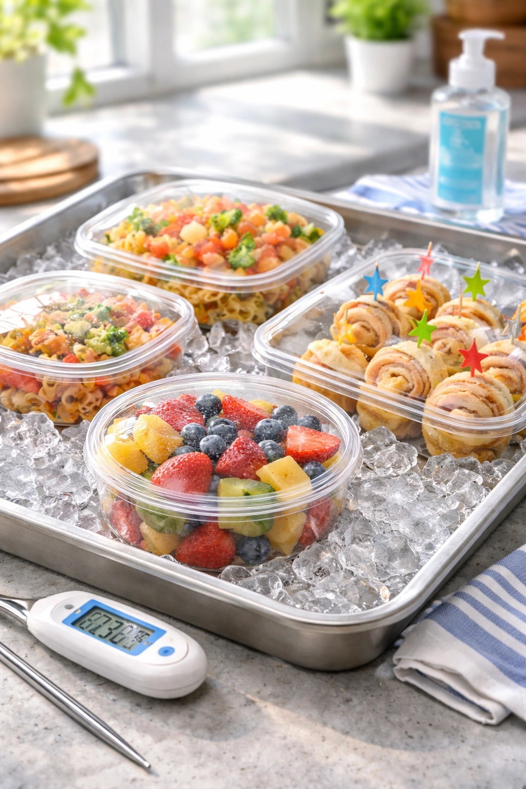 Cold tray on ice with sealed dishes and thermometer