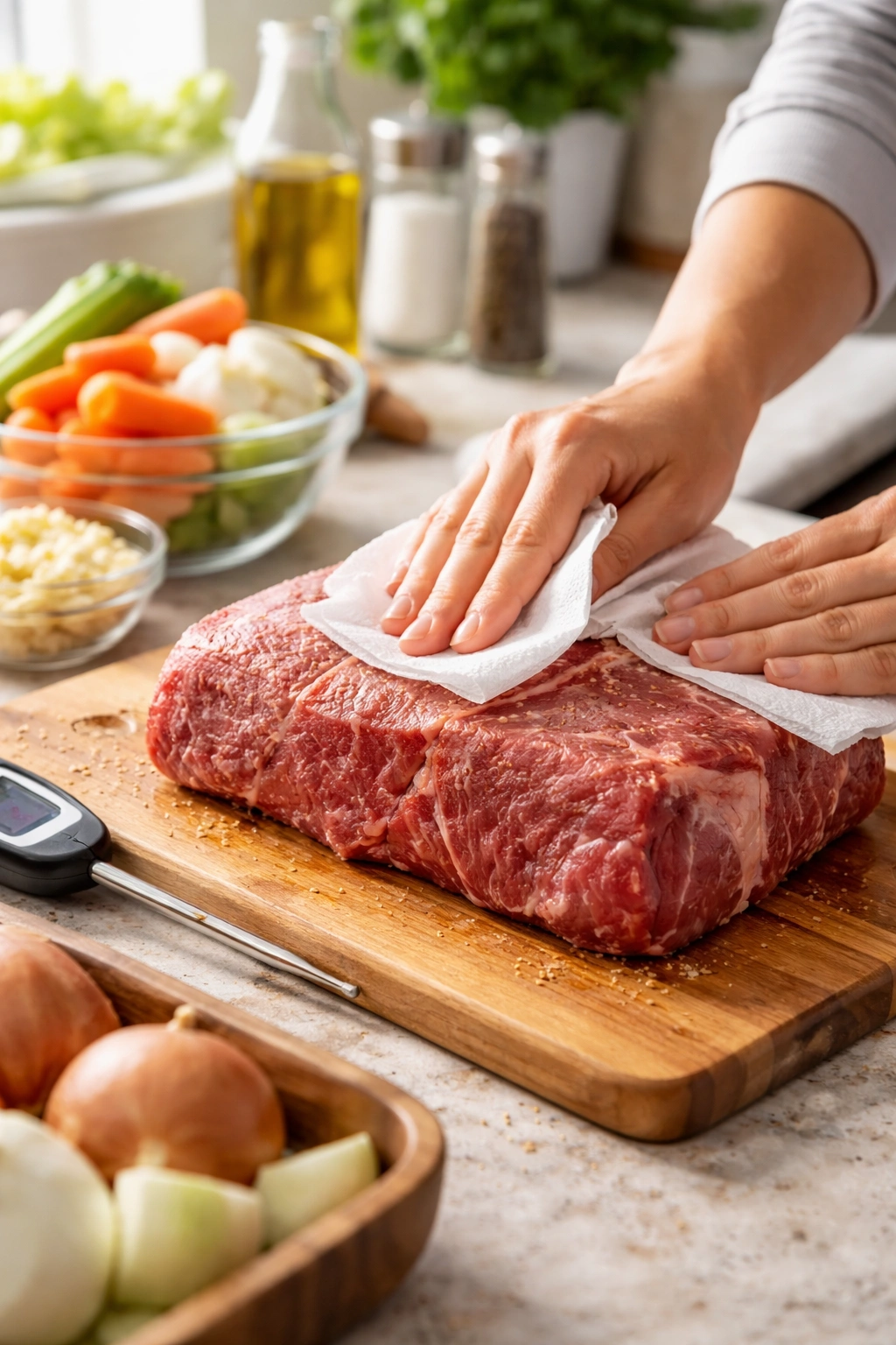 Raw beef roast being patted dry to remove surface moisture for safe slow cooking