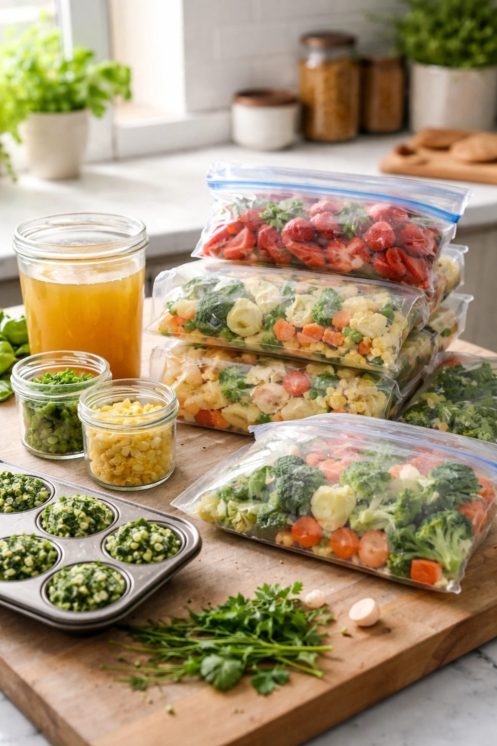 Frozen vegetables and broth container organized to minimize waste