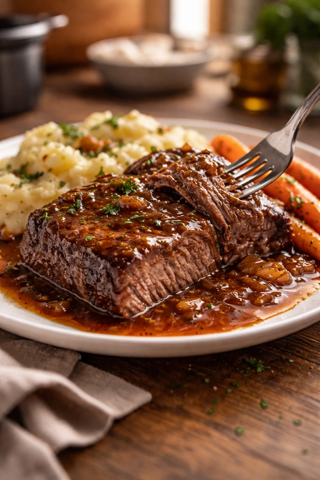 Plate of fork-tender steak with glossy sauce in a warm kitchen.