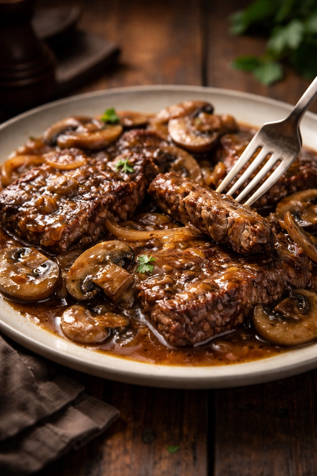 Plate of fork-tender steak with mushroom onion gravy