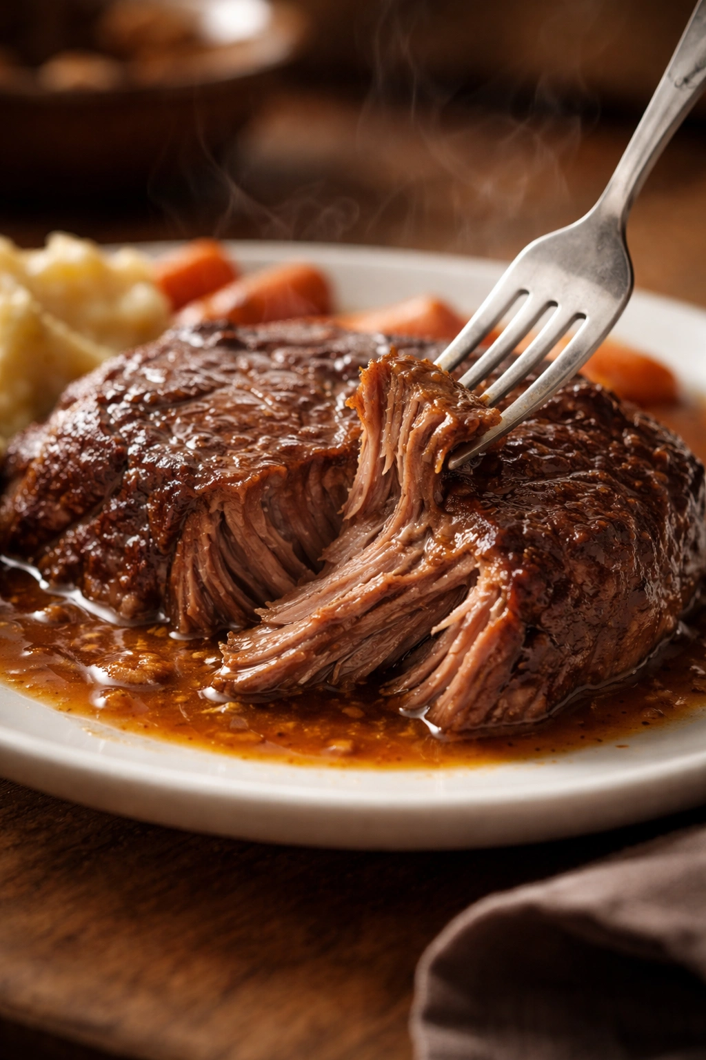 Fork-tender steak on plate showing juicy interior and tenderness