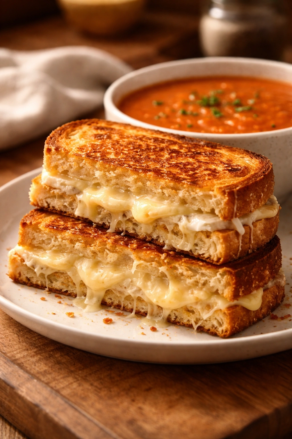 Grilled cheese sandwich cut open showing four cheese melt on toast