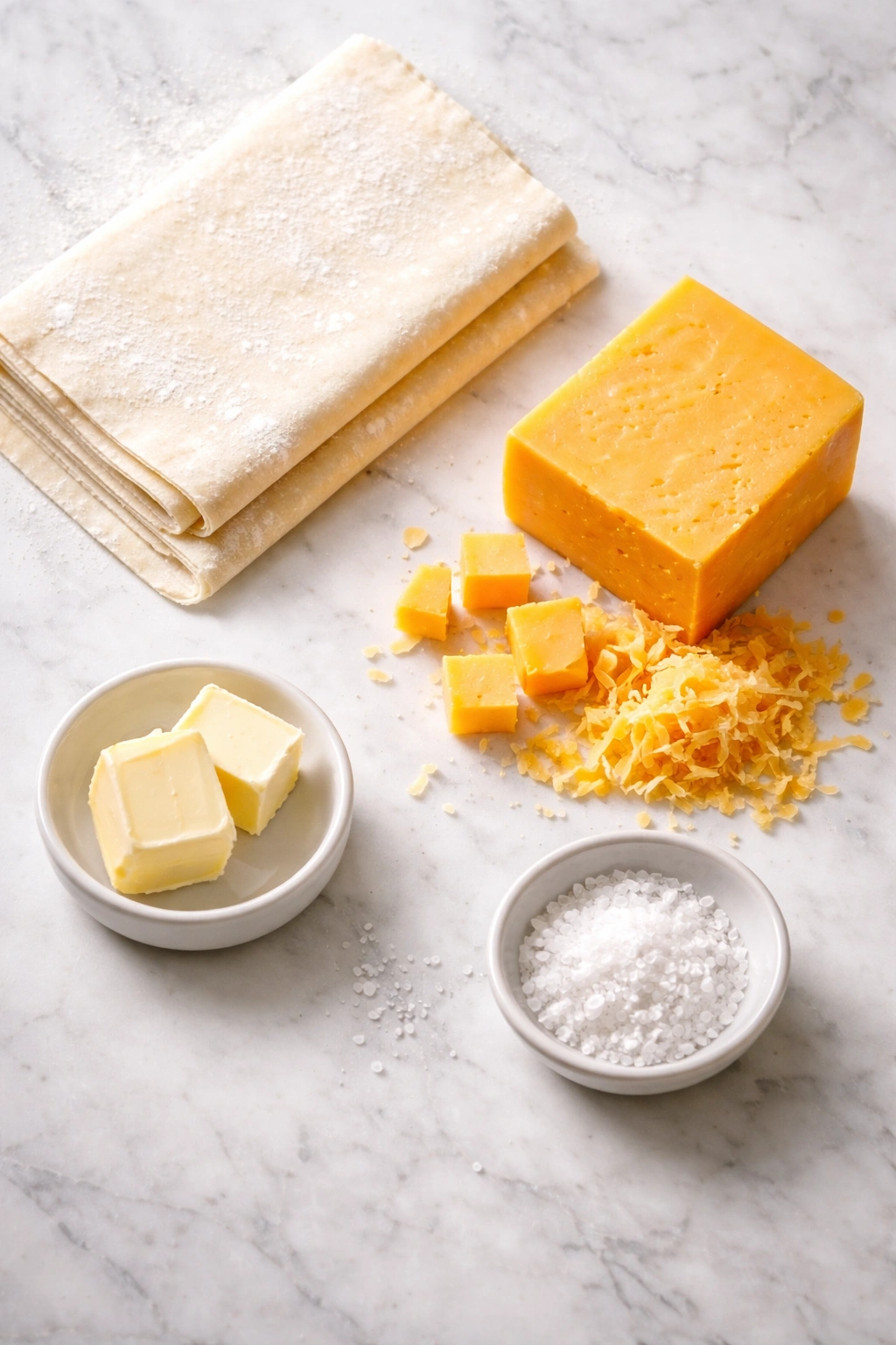 Four ingredients puff pastry cheese butter salt arranged on a light surface