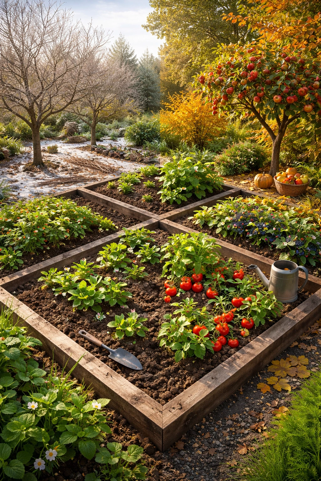 Four-season garden scene showing spring, summer, autumn, and winter states in a single plot
