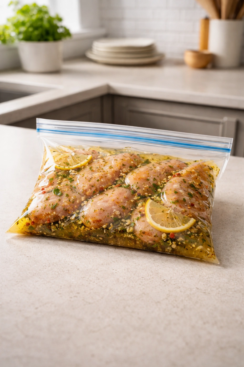 Sealed heavy-duty freezer bag with marinated chicken on a counter