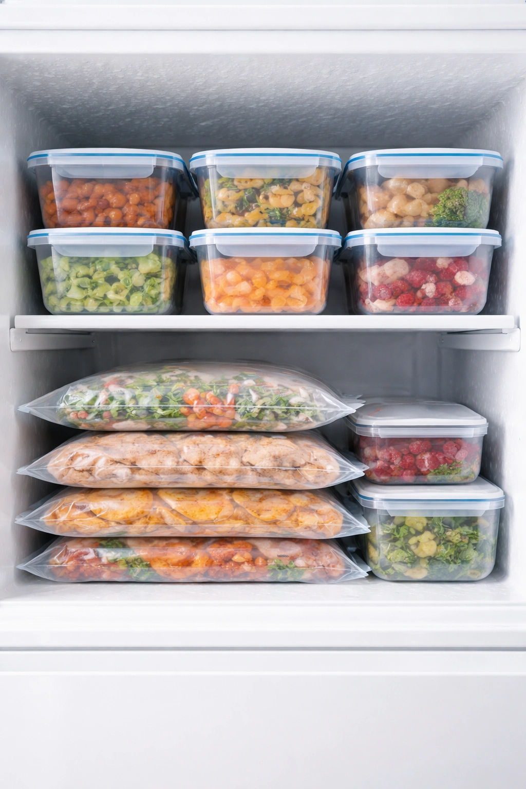 A tidy lineup of freezer bags and containers on a shelf