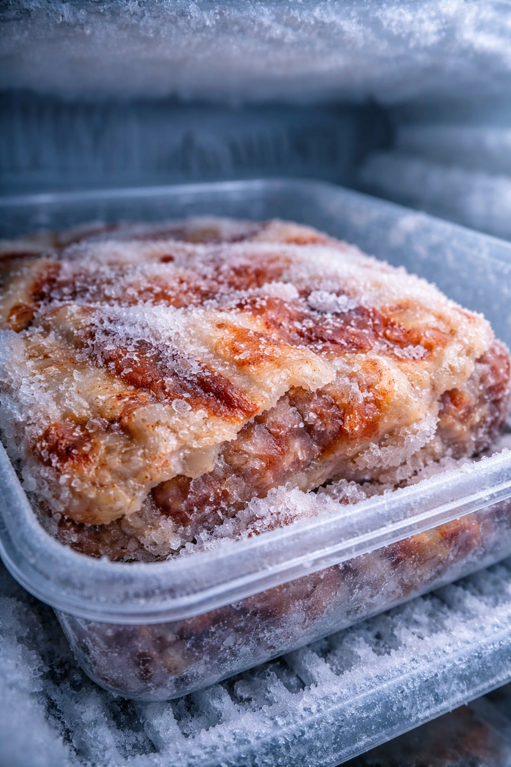 Close-up of a frozen meal with frost and dry patches due to freezer burn