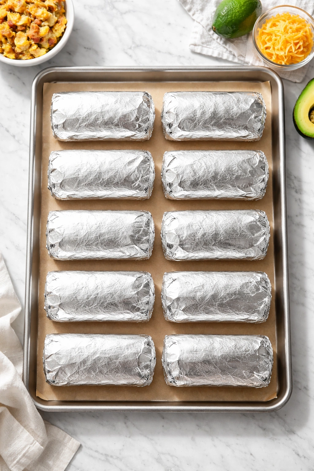 Row of parchment-wrapped freezer burritos ready for freezing