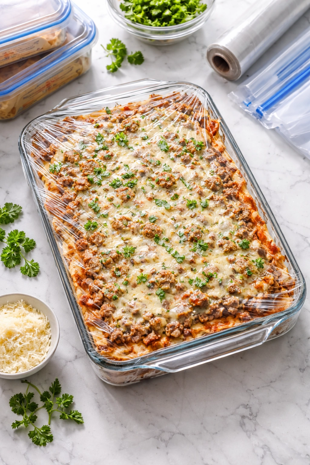 Casserole wrapped in plastic wrap ready for freezer storage