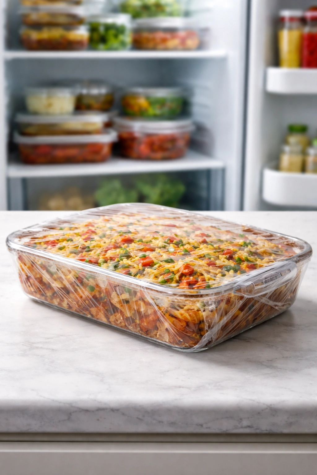 Casserole dish wrapped for freezer storage on a kitchen counter.
