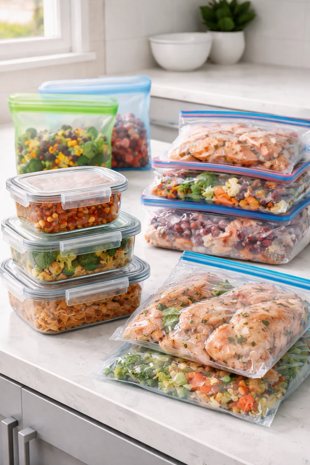 Assorted freezer-safe containers on a clean counter
