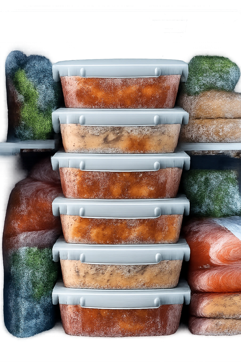Clear containers in a freezer showing colorful soups and stews