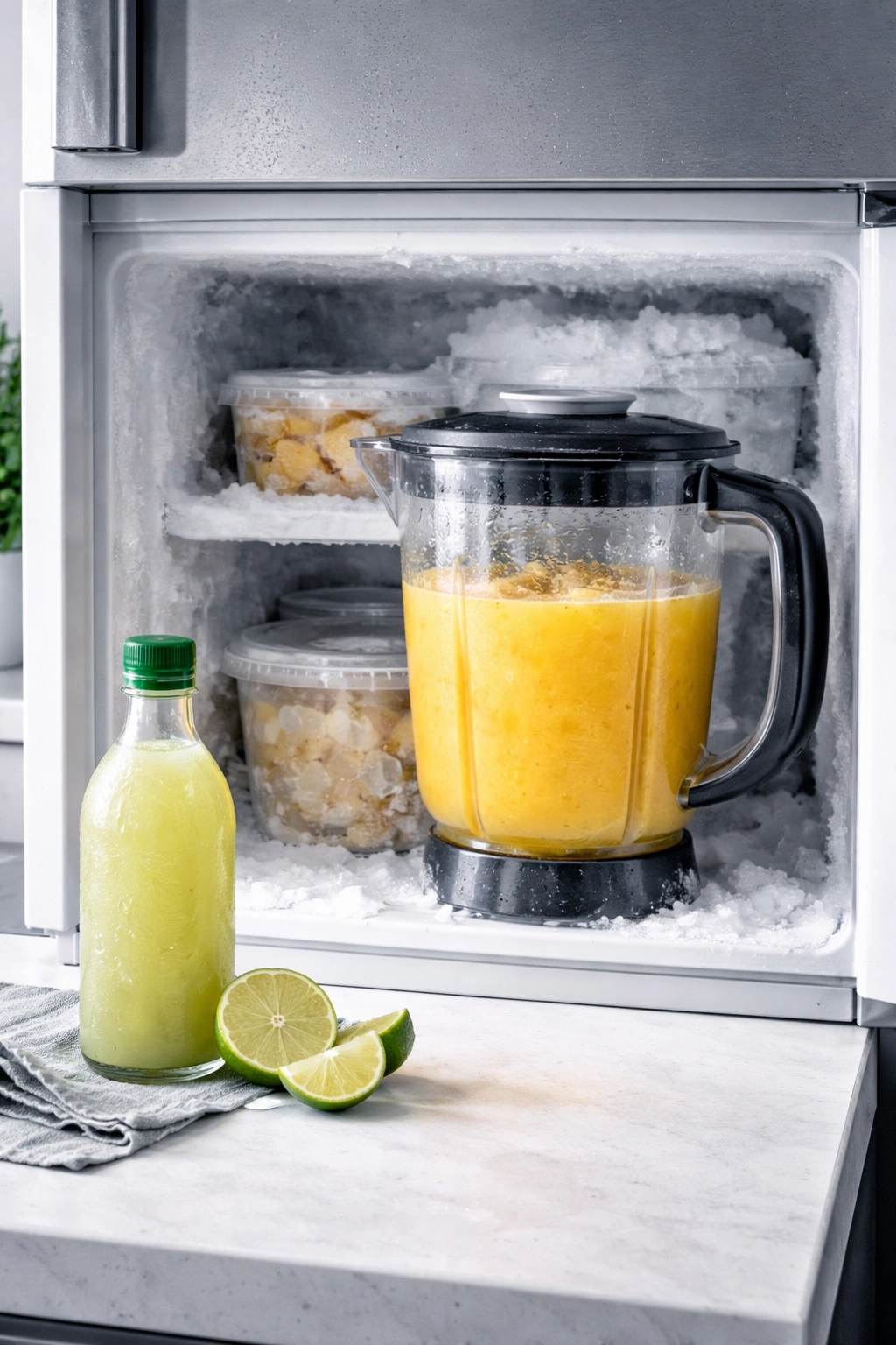 Freezer storage scene with blender jug inside and lime juice on the counter for make-ahead margaritas