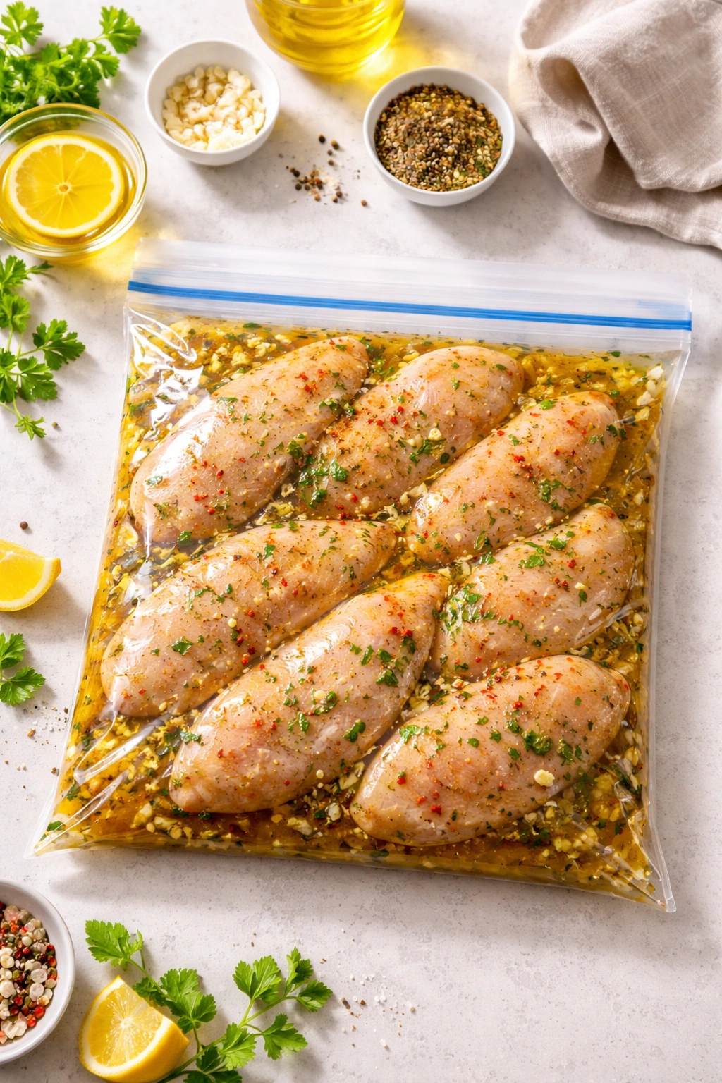 Close-up of a sealed freezer bag with marinated chicken on a clean surface