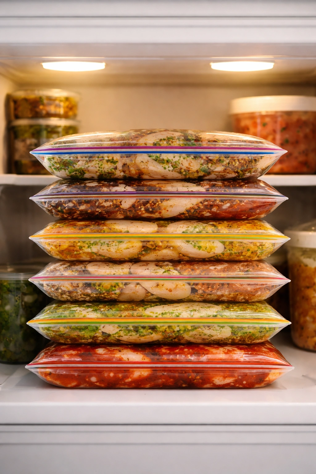 Stack of marinated chicken freezer bags on a kitchen shelf