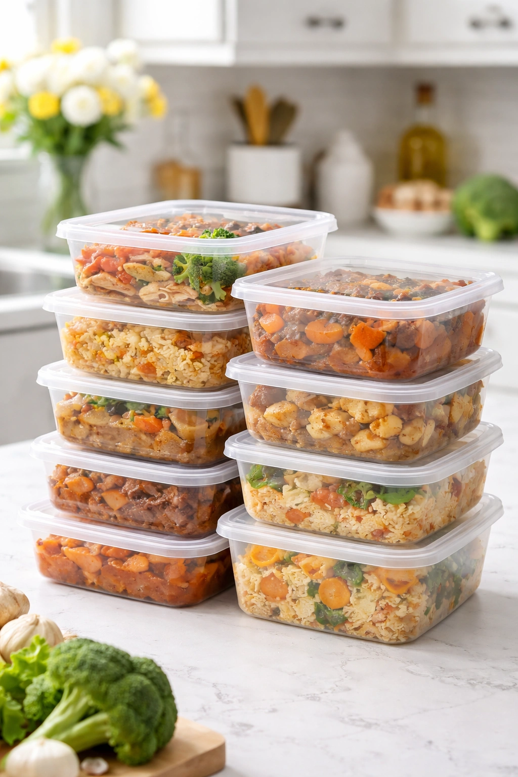 Clear freezer containers with meal portions on a kitchen counter