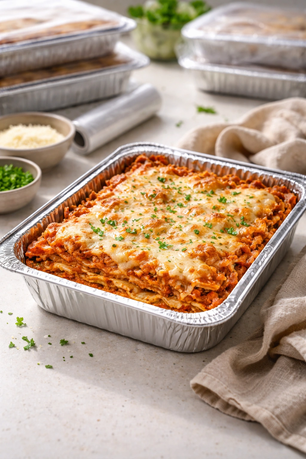 Lasagna in a disposable aluminum pan on a kitchen counter