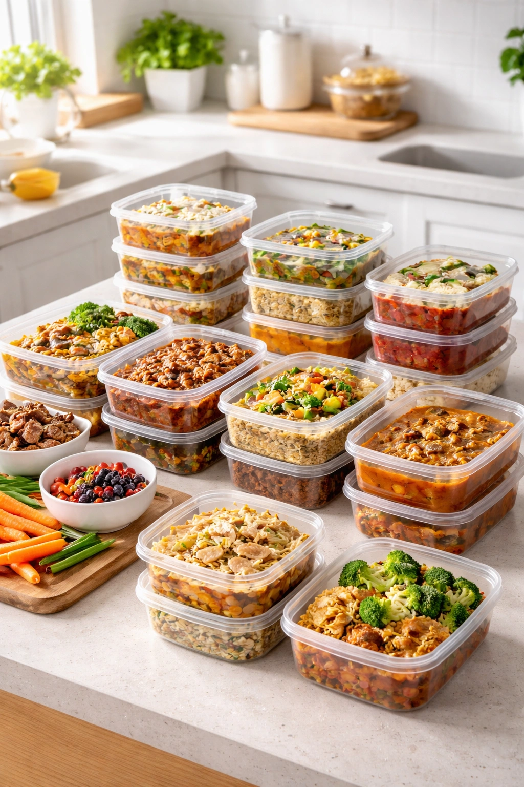 Stacked freezer containers with prepared meals on a kitchen counter