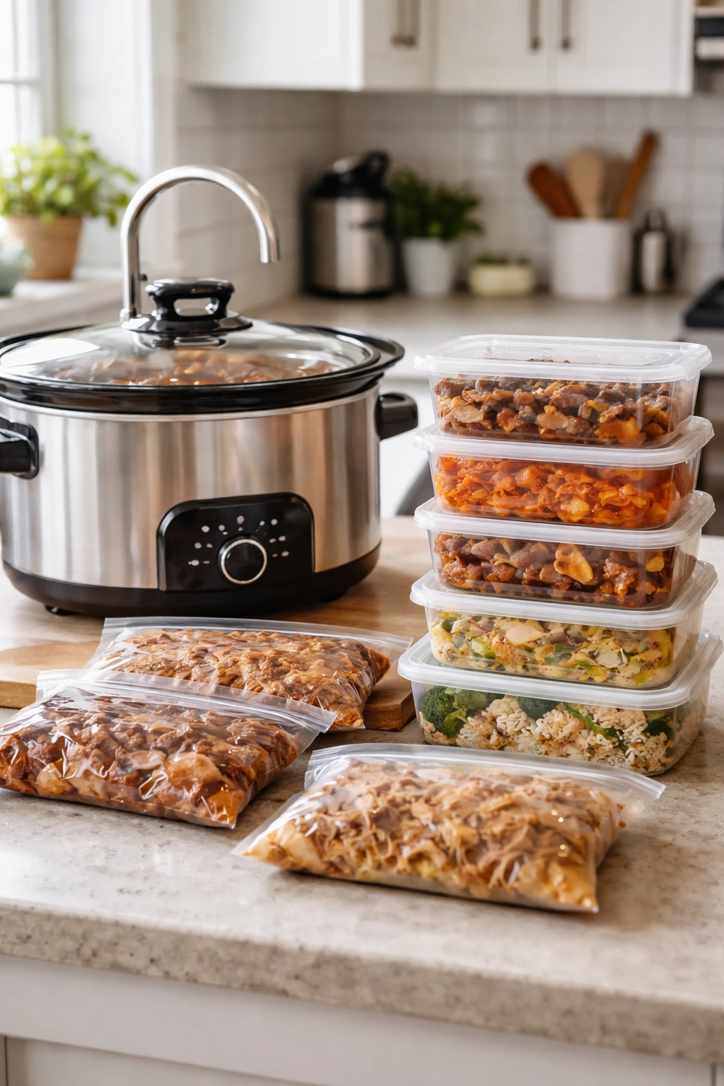 Slow cooker with freezer meal containers ready to freeze