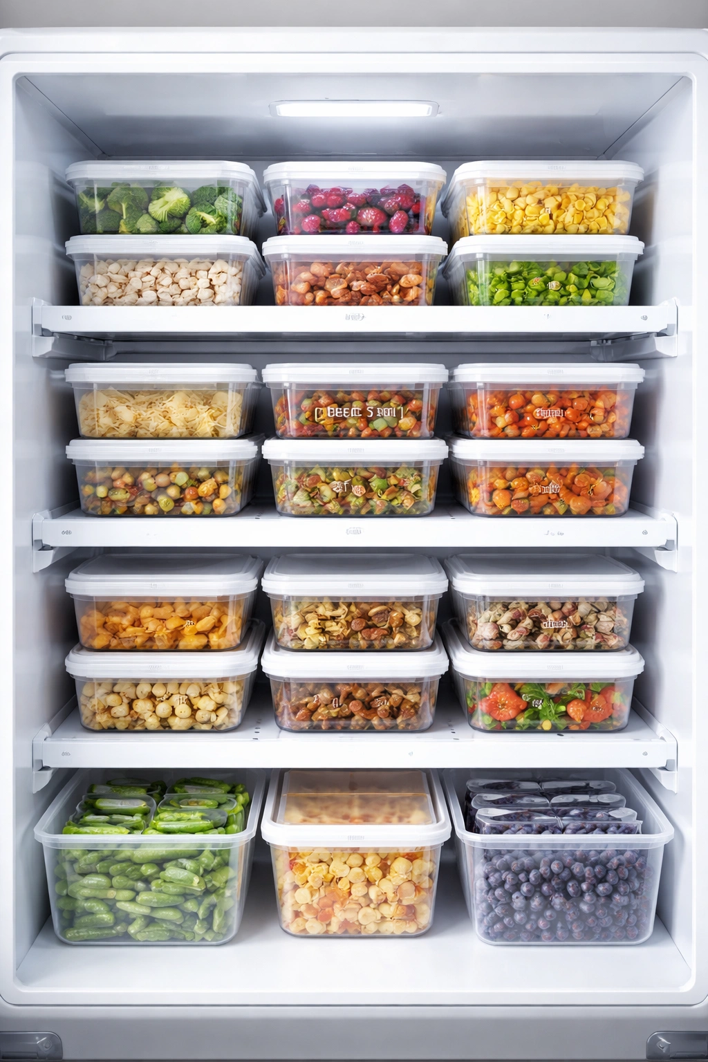 Organized freezer with uniform clear containers neatly stacked