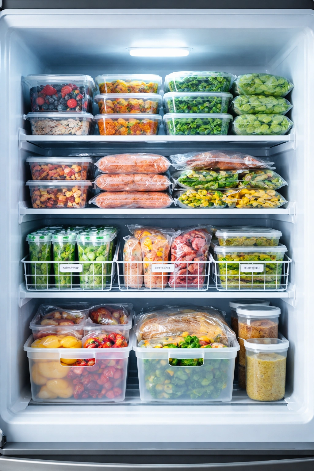 Organized freezer interior with neatly arranged shelves