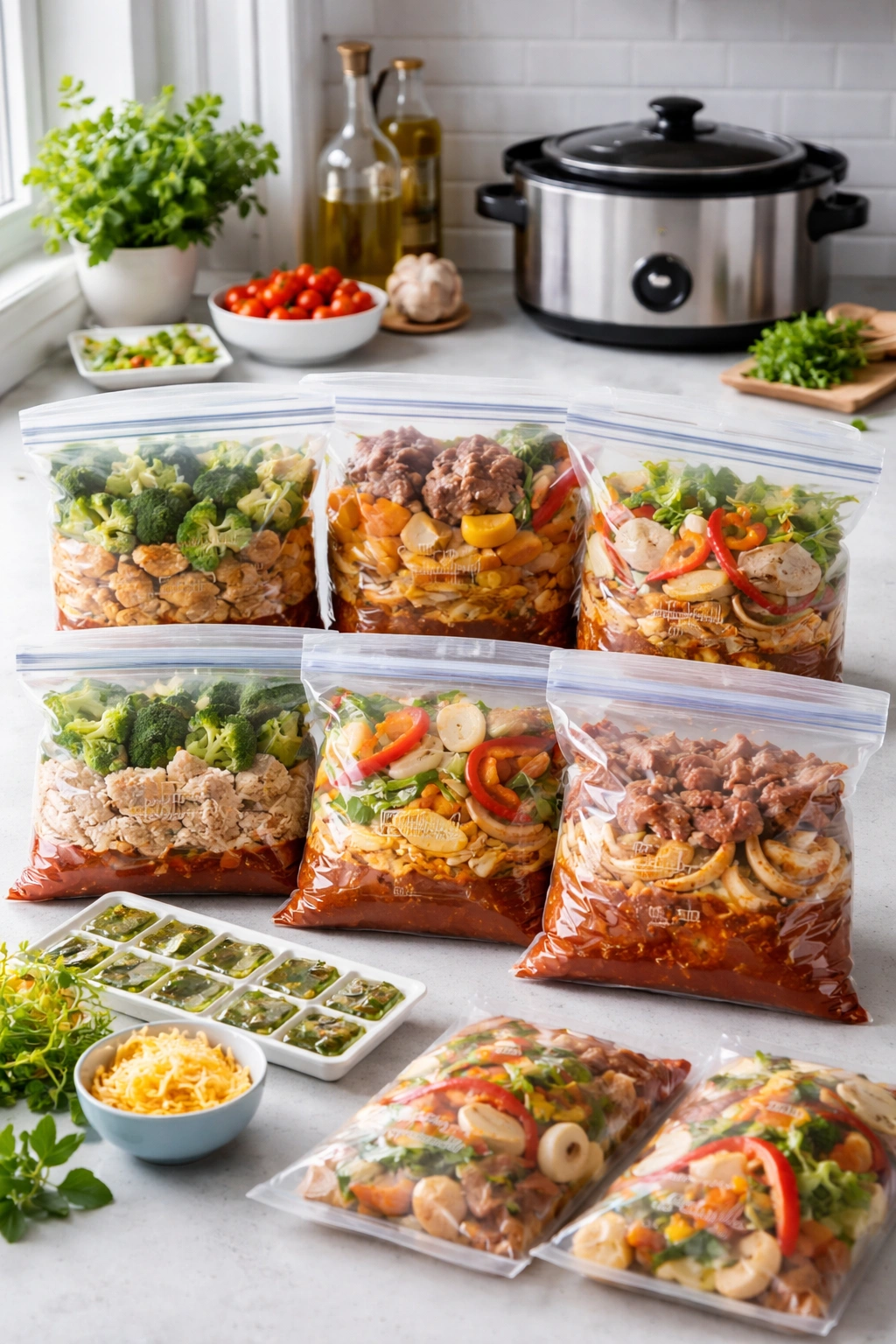 Freezer bags with chopped ingredients laid out on a bright counter