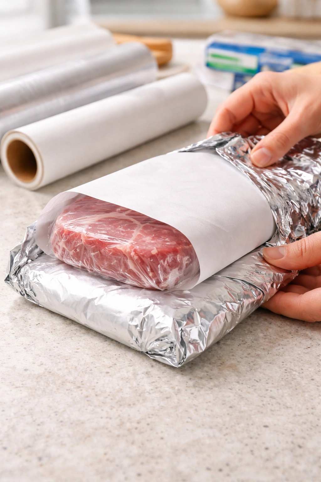 Meat wrapped in plastic wrap with an outer layer of freezer paper and foil