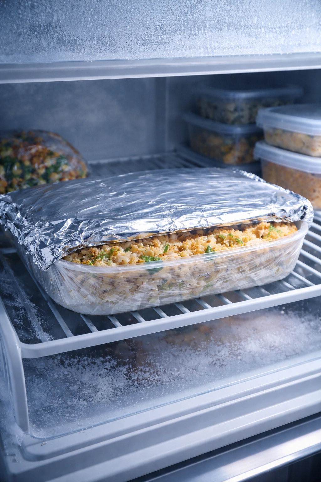 Casserole dish wrapped for freezing on a freezer shelf