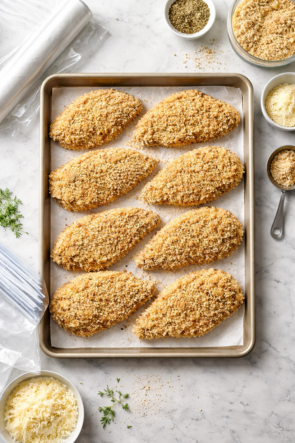 Breaded chicken cutlets on parchment-lined sheet pan prepared for freezing