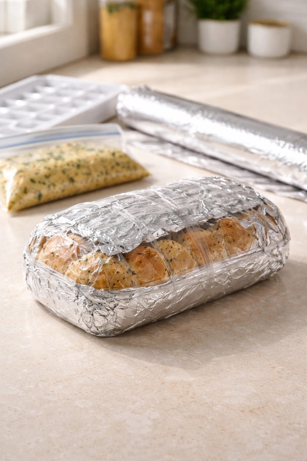 Loaf wrapped in plastic and foil for freezing